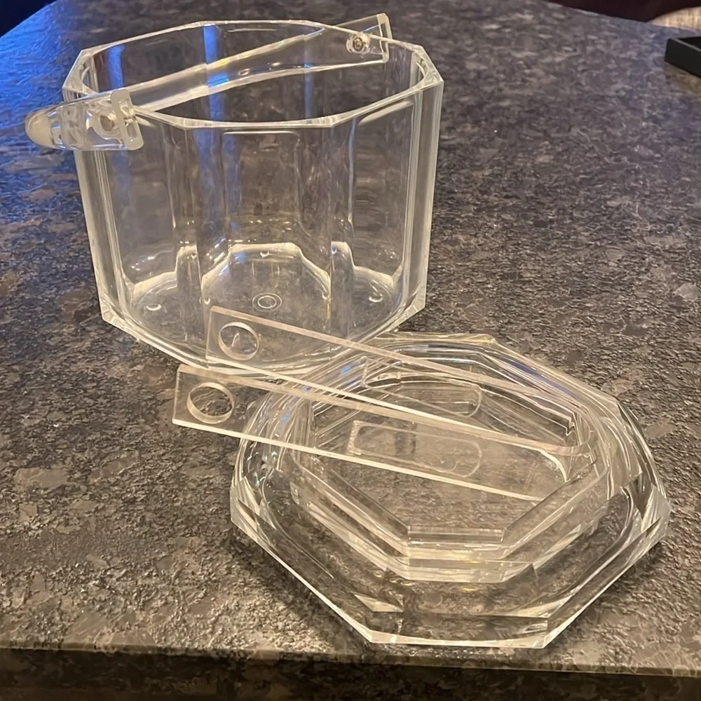 MCM Large Lucite Clear Crystal Ice Bucket With Handle Lid and Tongs